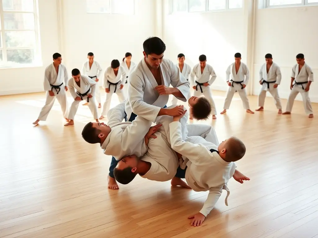 A dynamic shot of a judo class in session, focusing on the variety of training exercises and techniques being taught, with students practicing throws, grappling, and other fundamental skills.