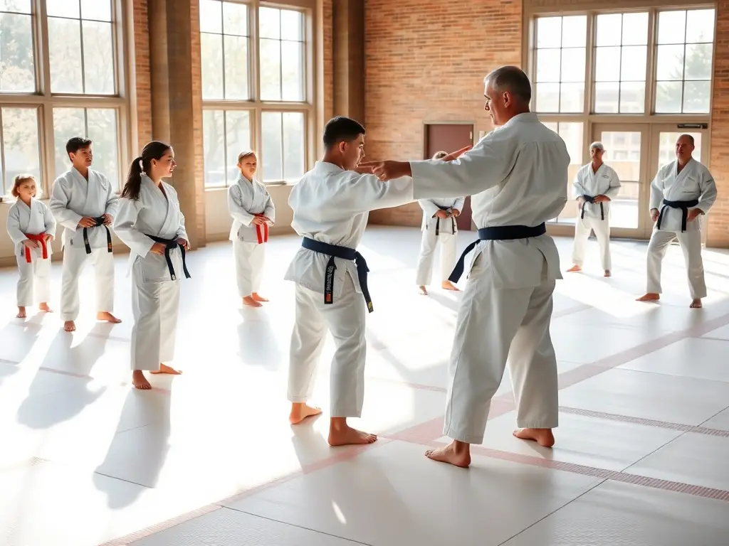 A photograph capturing a diverse group of judo students of varying ages and skill levels, engaged in a training session on the mats, with the head instructor demonstrating a technique.