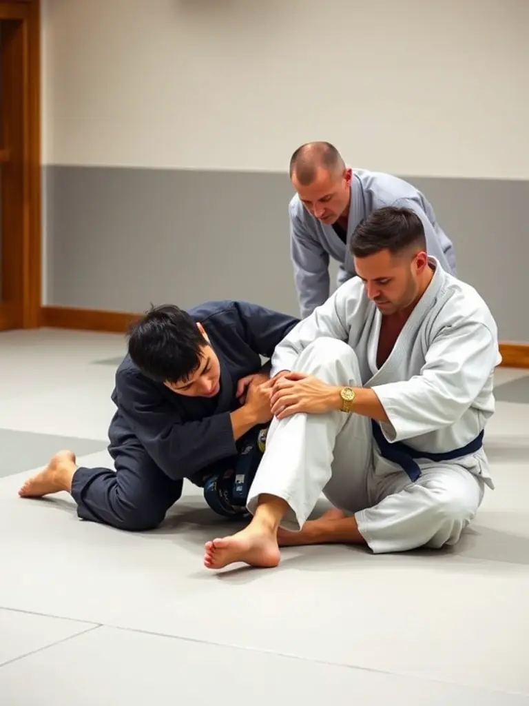 A focused image of jujitsu students practicing joint locks and grappling techniques under the guidance of an instructor.