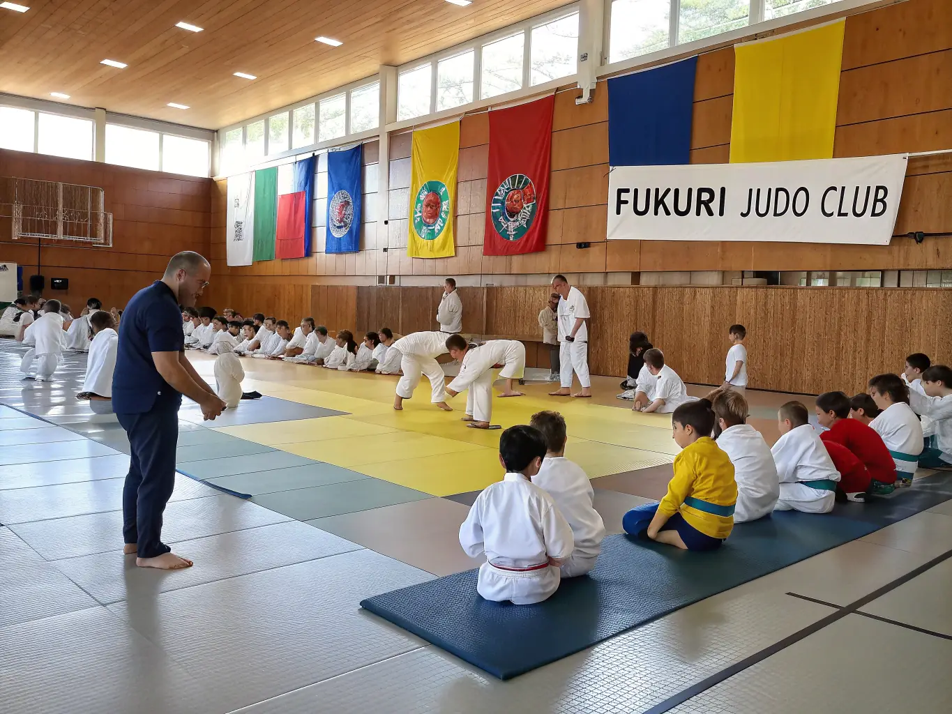 A vibrant image showcasing members of the Judo Club de Trosly-Loire participating in a community event, such as a local festival or demonstration, highlighting the club's active involvement and camaraderie.