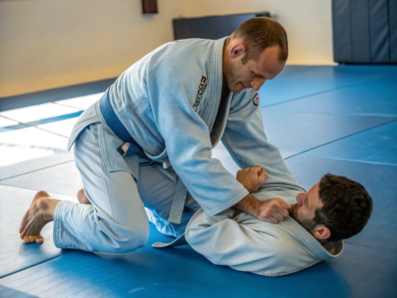 A focused image of jujitsu students practicing joint locks and submission techniques at Judo Club de Trosly-Loire. The setting is a well-lit dojo with mats.