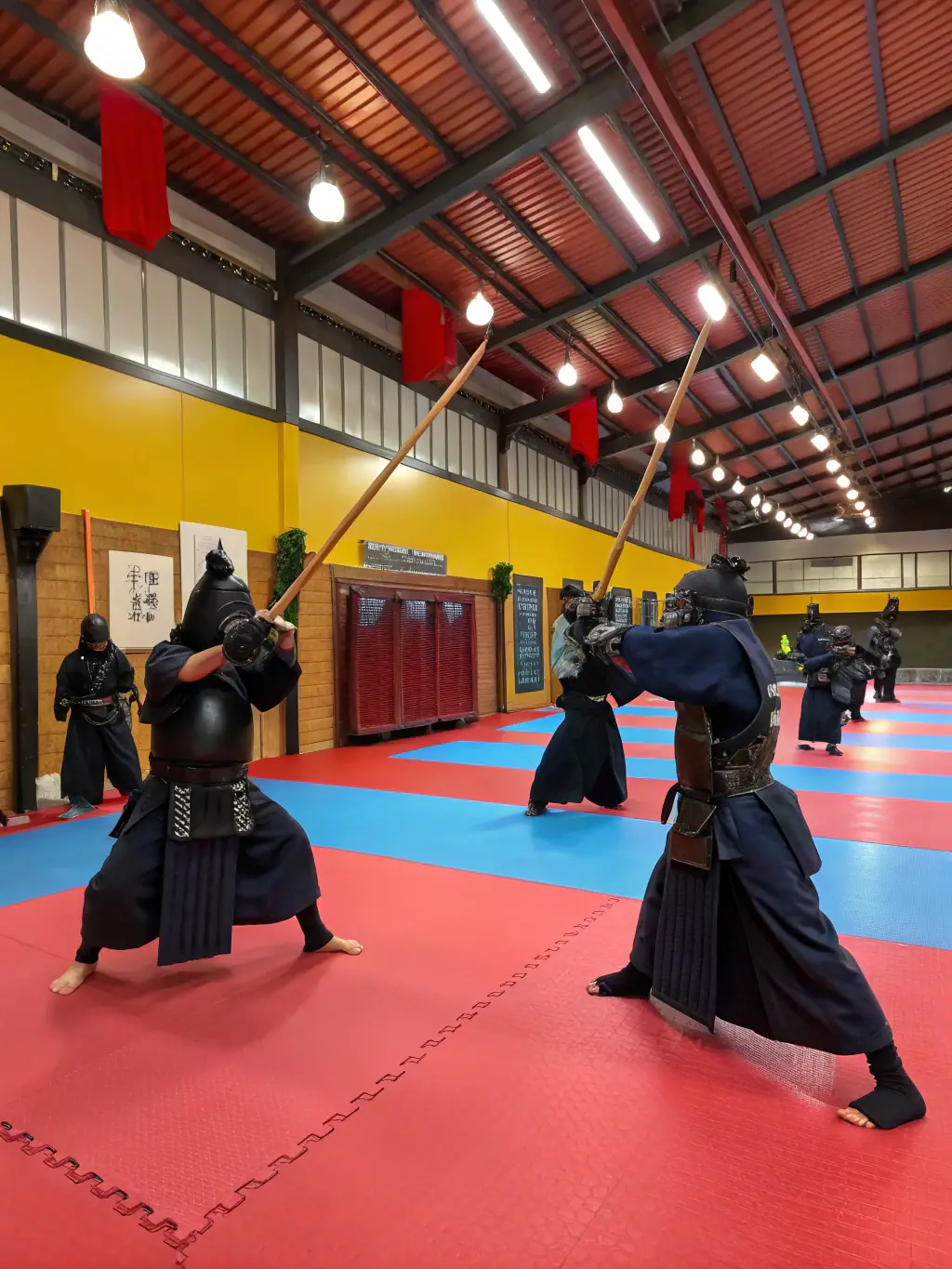 A striking image of kendo students in full gear, engaged in a spirited practice session with bamboo swords.