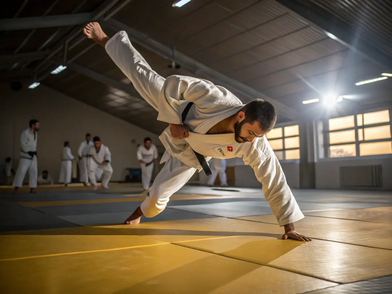 A dynamic shot of judo practitioners in action, executing a throw during a training session at Judo Club de Trosly-Loire. The focus is on the intensity and technique involved in judo.